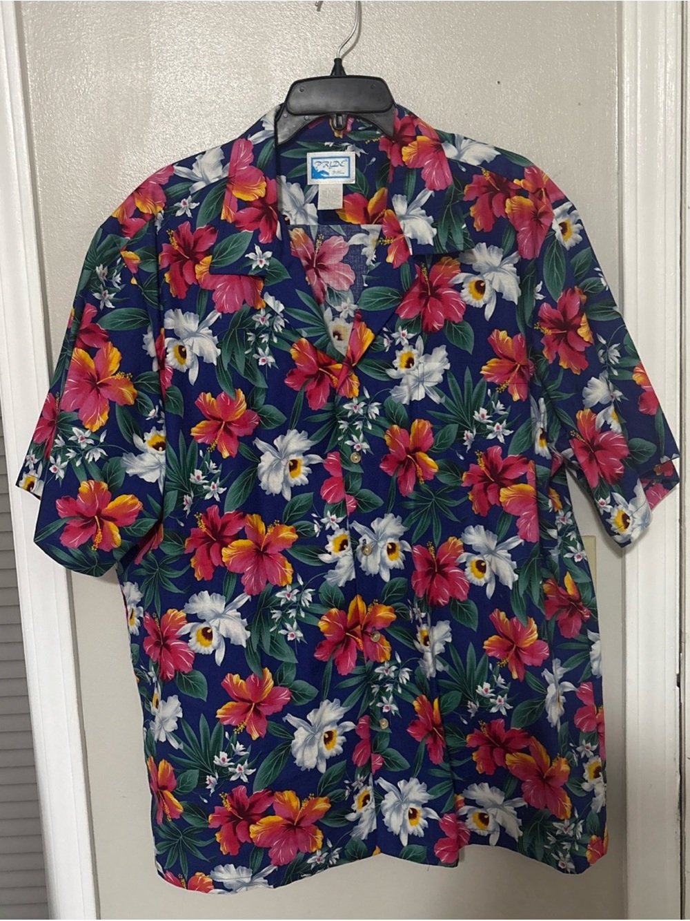 pride of hawaii  Navy Floral Camp Shirt with Pink & White Blooms